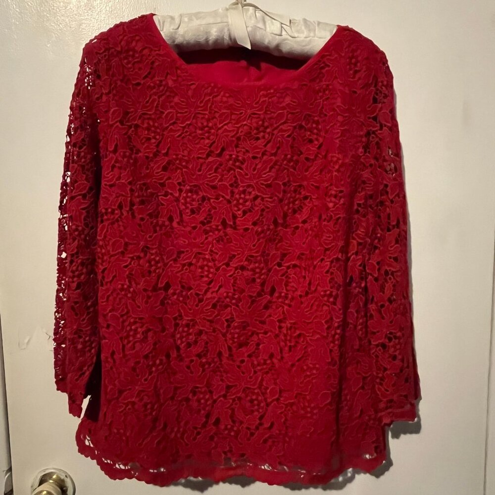 Talbots Red Lace Overaly 3/4 Bell Sleeve Blouse